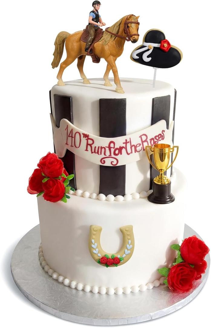 Yalikop 16 Pcs Derby Day Cake Toppers Racing Horse Cupcake Toppers Roses Horse Picks Cake Decoration for Equestrian Derby Birthday Party Supplies