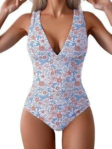 Eomenie One Piece Swimsuit Tummy Control Plunge V Neck Bathing Suit Slimming Wide Straps Swimwear Small