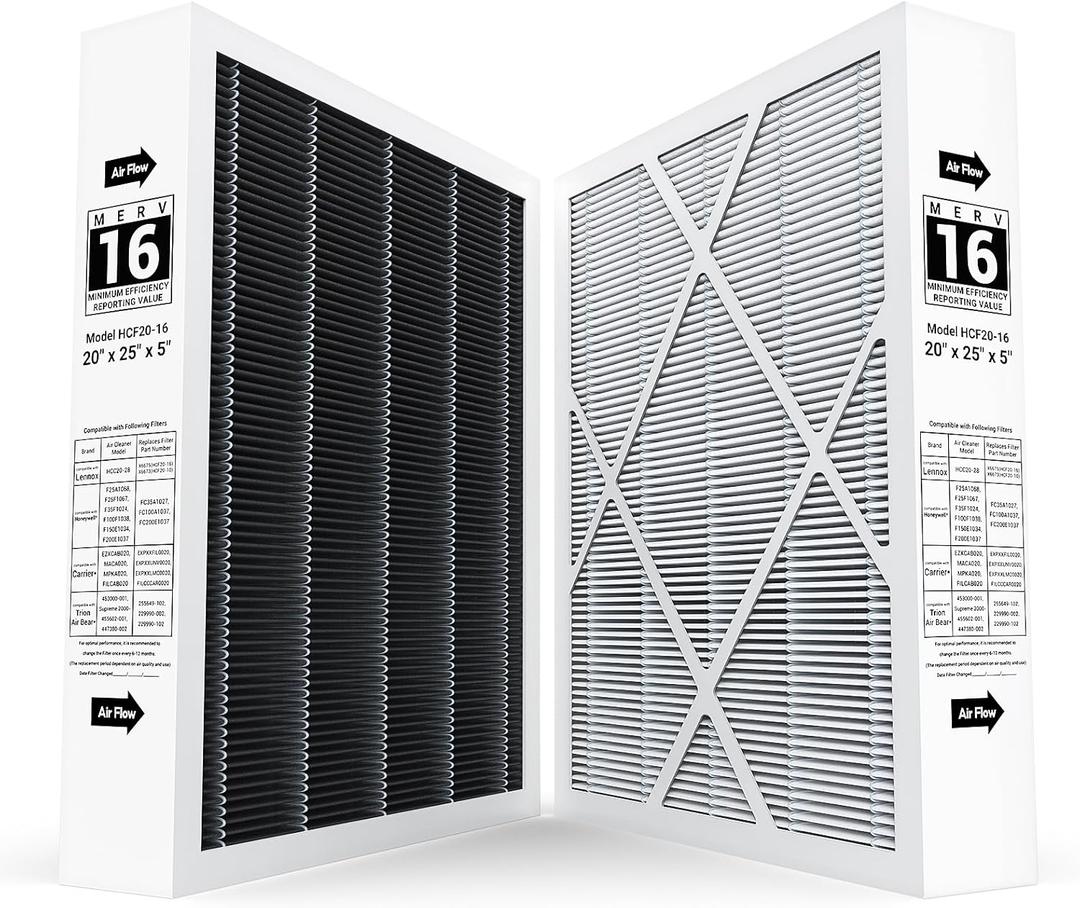 2 Pack 6675 20x25x5 MERV 16 Air Filter Compatible with 20x25x5 Healthy Climate Carbon-Clean 6675 MERV 16 Filter for HVAC System, Replaces Part # HCF20-16, HCF20-10