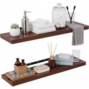 Lufia Floating Wall Shelves, Set of 2, MDF with Invisible Brackets, Modern Storage for Bedroom, Bathroom, Living Room, Kitchen (Rustic Brown, 28" W x 7" D x 1.5" H (2 Pieces))