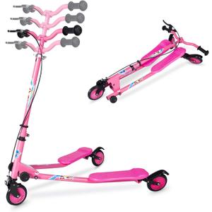 Kids Swing Scooter, 3 Wheels Drifting Scooter/Wiggle Scooters with Adjustable Height & Foldable for Boys/Girl/Ages 5-12 Years (Pink)