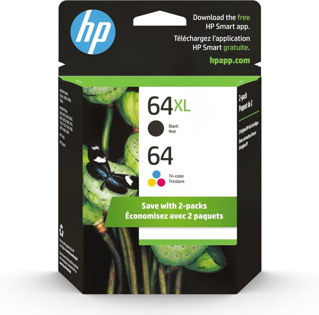 HP 64XL/64 Black High Yield and Tri-Color Standard Yield Ink Cartridges, 2/Pack
