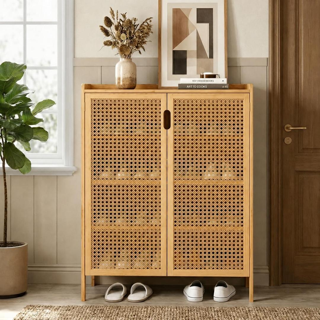 Bamboo Shoe Storage Cabinet for Entryway with Doors, Hidden Shoe Organizer