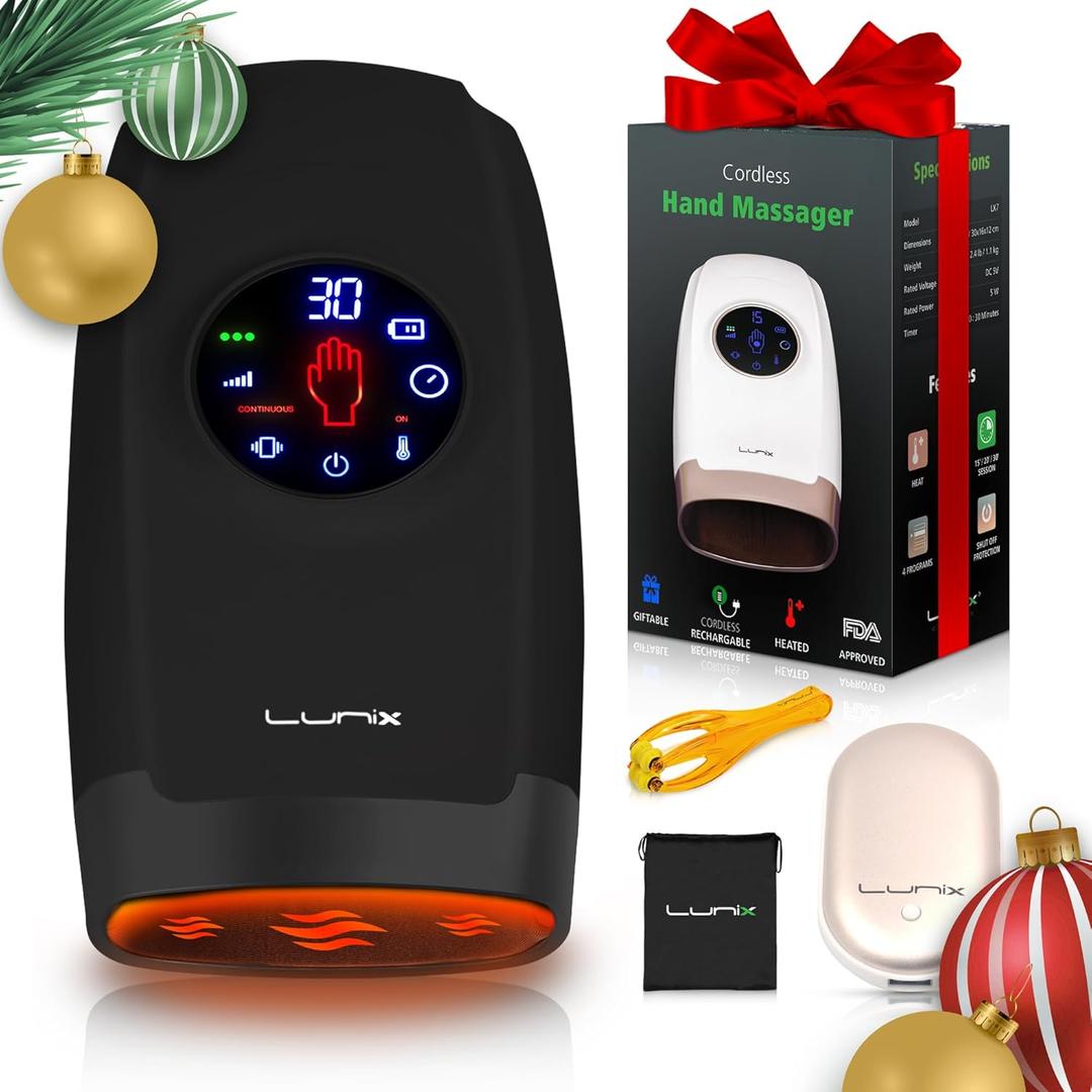 Lunix LX7 Electric Hand Massager with Compression, Pressure Point Therapy for Arthritis, Pain Relief and Carpal Tunnel, Shiatsu Massage Machine with Heat, with Hand Warmer, Black