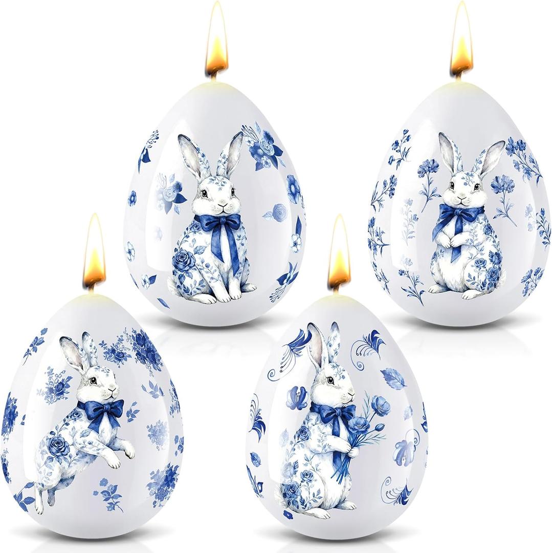 3 x Lyrow Easter Egg Candles for Decor, Chinoiserie Blue Bunny Votive Candles Vintage Unscented Smokeless Tealights for Party Decorations Table Home Gift Spring Celebration