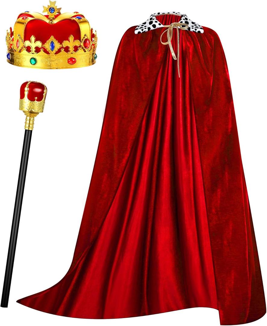 Cindeer 3 Pcs Kid Adult King Cape Costume Set Men Medieval King Robe Cape Outfit Regal Crown Scepter for Carnival Cosplay (59.1 Inch, Red)