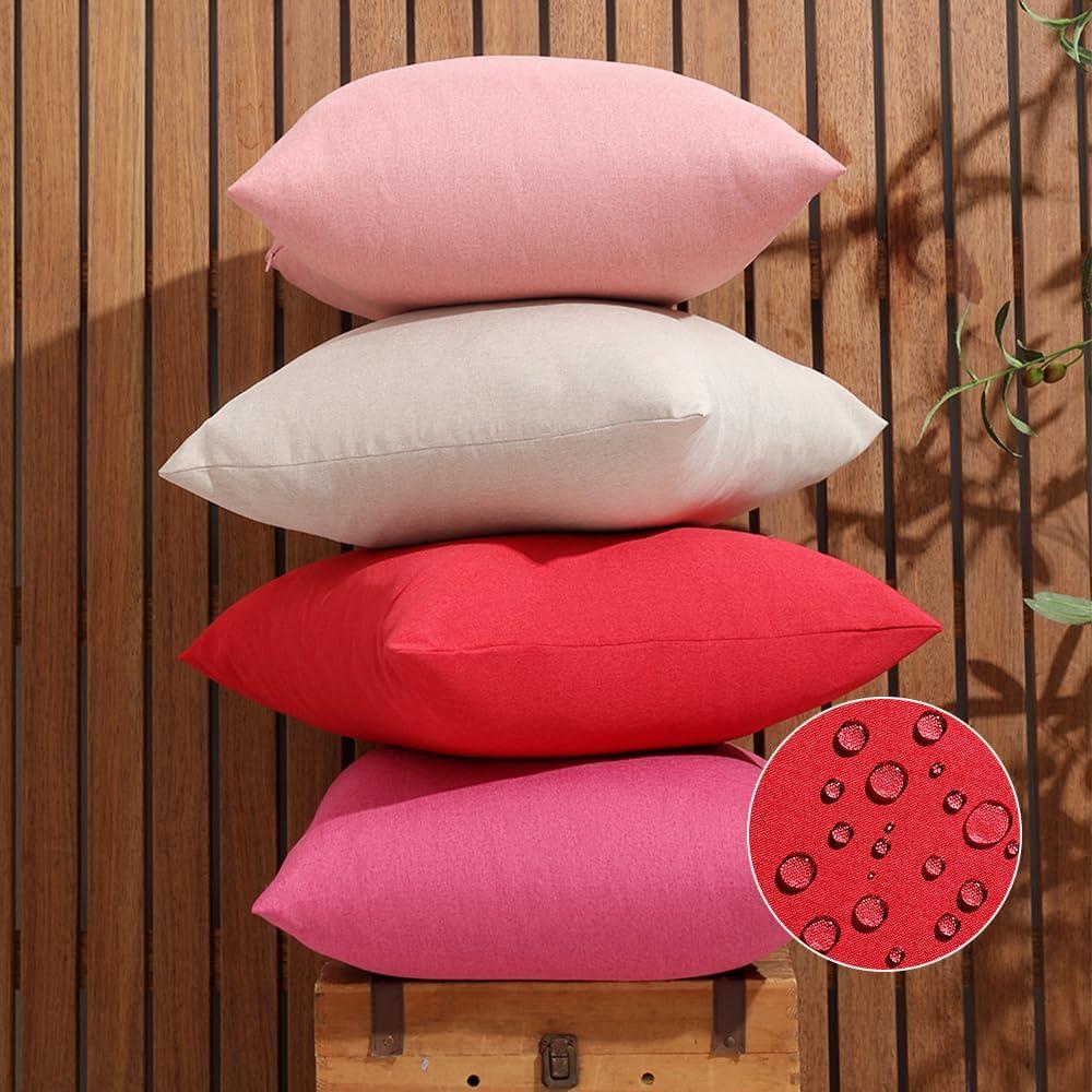 WEMEON Outdoor Waterproof Pillow Covers 18x18in Set of 4, Solid Color Pillows Decorative Square Patio Furniture Pillows for Couch Patio Balcony Tent Garden(Red/Pink/Beige)