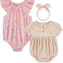 Baby Girl Bodysuit and Headband Outfit Cotton Ruffle Sleeveless Baby Clothes (6-9 Months, Pink Flower)