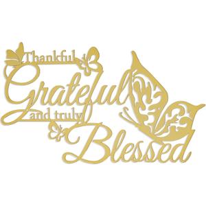 Thankful Grateful and Truly Blessed Art Word Wall Sign Decor, Metal Hanging Wall Home Decoration with Love Heart Butterflies, Iron Letters Sculpture Bedroom Living Room Kitchen (Golden)