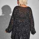 WDIRARA Women's Plus Size Star Print Mesh Glitter Round Neck Long Sleeve Oversized Sparkly Tee Top (Black, L)