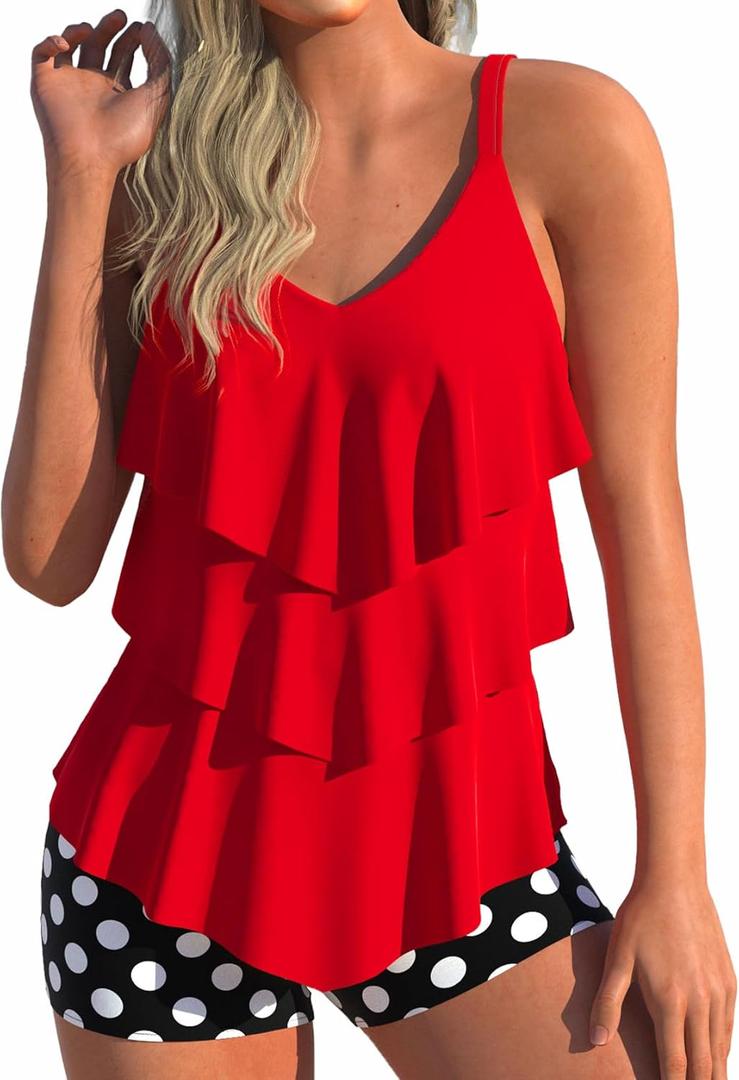 MODLILY Layered Ruffle Two Piece Tankini Swimsuits, Flowy Swimdress Handkerchief Hem, Slim Tank with Boyshorts (Large)