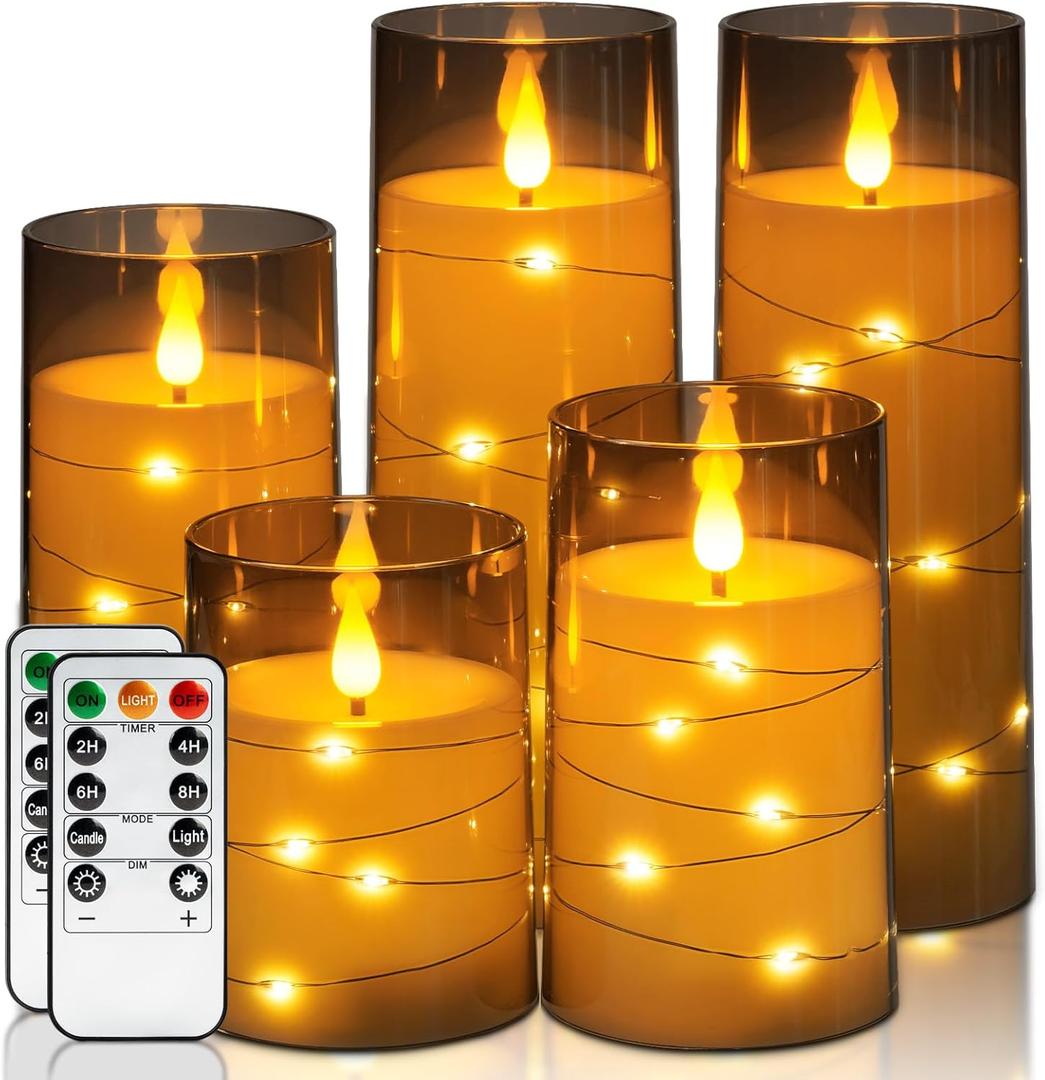 Homemory Flameless Candles with Embedded Star String Fairy Lights, Battery Operated Candles, LED Candle, Fake Candles with Remote Control and Timer for Halloween, Gray Acrylic, Set of 5 (H4"5"6"8"8")