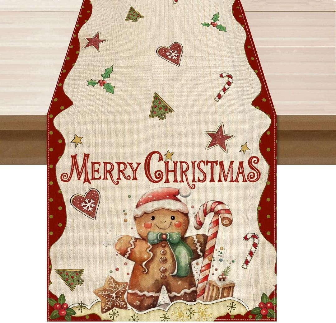 XCHI Merry Christmas Gingerbread Man Winter Xmas Table Runner Table Decoration for Home Kitchen Dining Holiday Decor 13x72 Inch