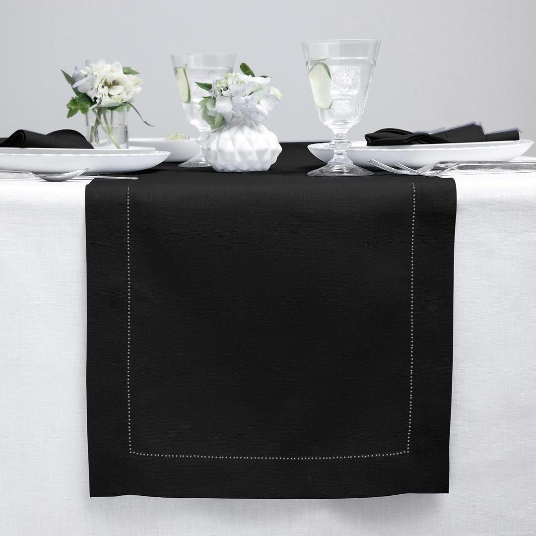 Solino Home Linen Black Table Runner 72 Inches Long - 100% Pure Linen Hemstitch Table Runner 14 x 72 Inch for Dresser, Dining, Holiday, Christmas - Classic Hemstitch