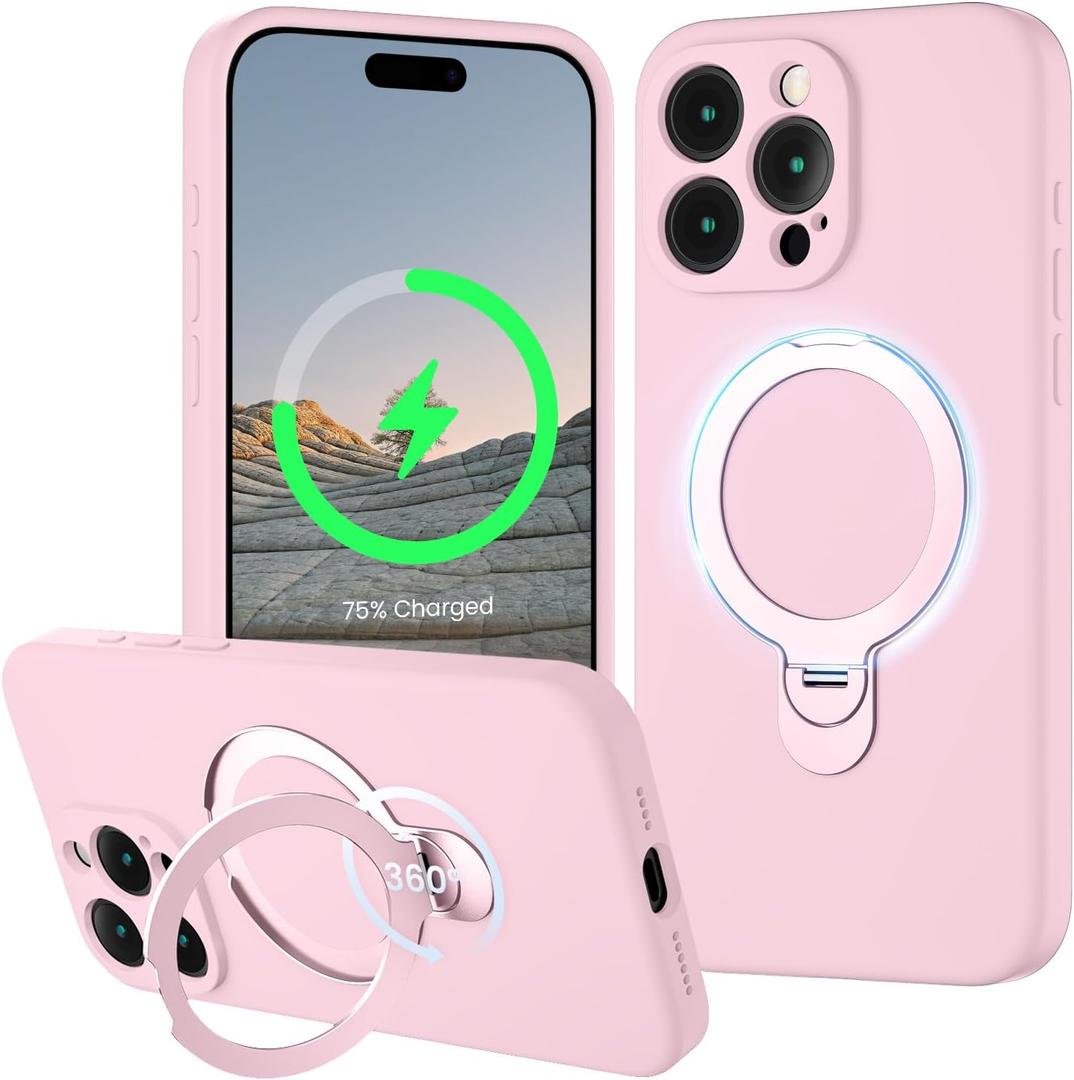 Designed for iPhone 15 Pro Case with 360 Rotating Magnetic Stand, [Compatible with Magsafe] [Military Protection], Slim Full Camera Protection Liquid Silicone Case, 6.1 inch, Chalk Pink