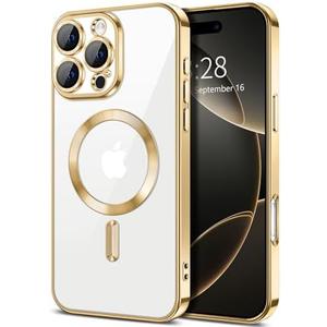 Hython Magnetic Clear for iPhone 16 Pro Case with Camera Lens Protector [Compatible with MagSafe] Luxury Plating Edge Slim Soft TPU Cover Protective Phone Case for iPhone 16 Pro 6.3", Gold