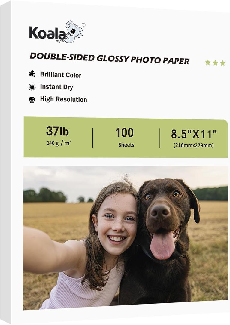 Koala Double Sided Glossy Inkjet Brochure Paper 8.5X11 Inches Thin 37lb 140gsm 100 sheets for Inkjet Printer Dye Ink for Photo Flyer Calendar Magazine Printing