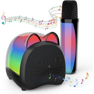 KidsFaves Cat Mini Karaoke Machine for Kids,with Wireless Microphone,Portable Bluetooth Speaker with LED Lights, Christmas Kids Toys Gifts for Girls 3-12 Year Old Party Home KTV