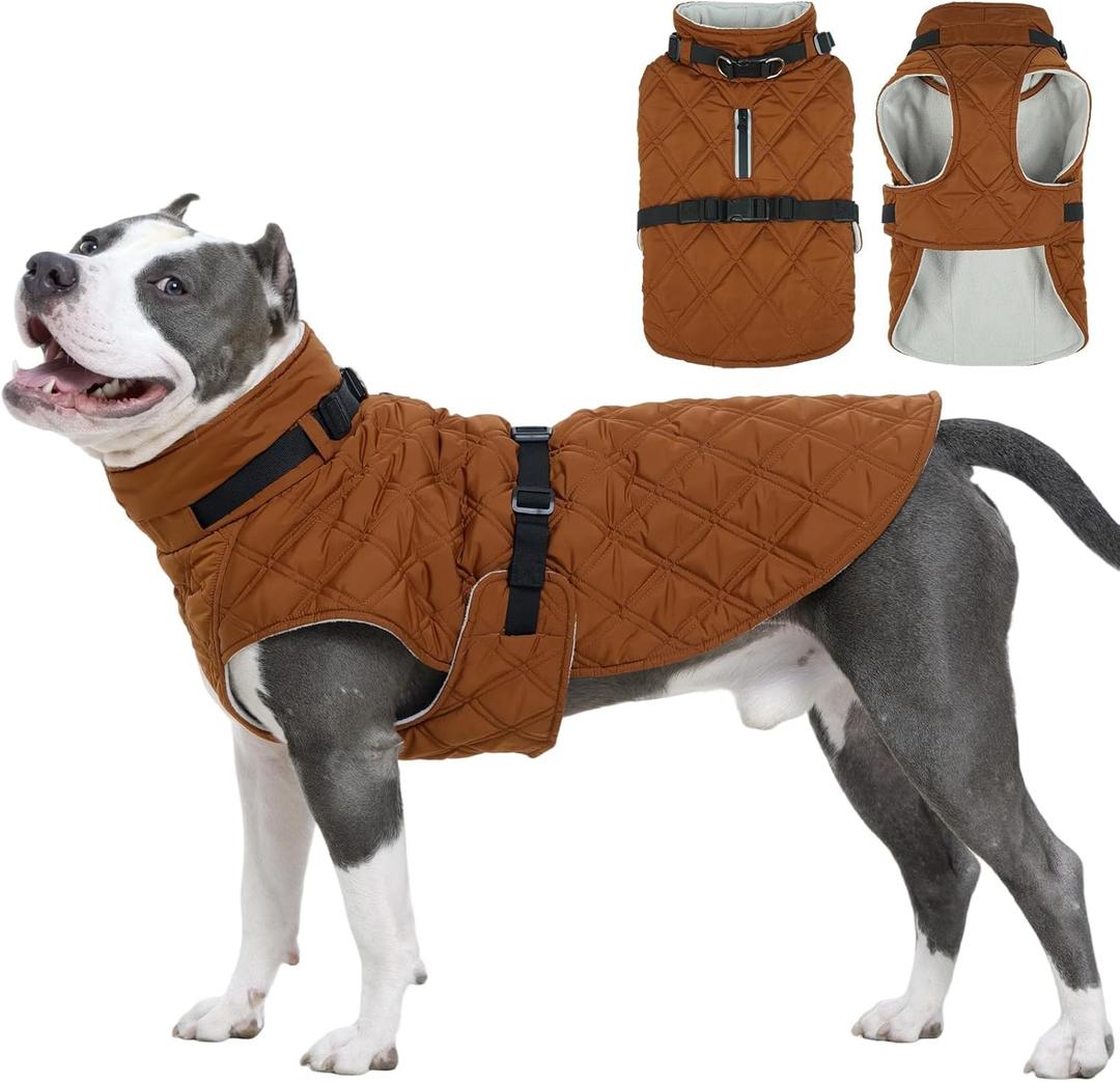 Kuoser Dog Coat Warm Fleece Lining Turtleneck Dog Jacket with Harness Built-in, Adjustable Windproof Cold Weather Coats with Quick Release Buckle Pet Winter Snowsuit for Large Dogs, Khaki XL  (Chest Girth: 29.9")