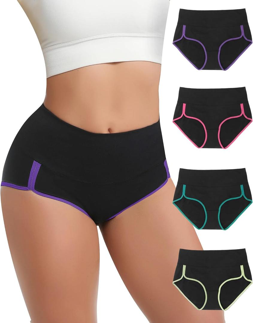 Women's Cotton Underwear High Waisted Tummy Control Ladies Panties Soft Stretch Full Coverage Briefs 4 Pack (Black, M)