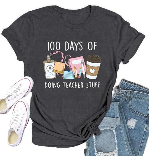 Qskall 100 Days of School Shirt for Women 100th Day of School Tshirts Teacher Tee Top Grey Size M