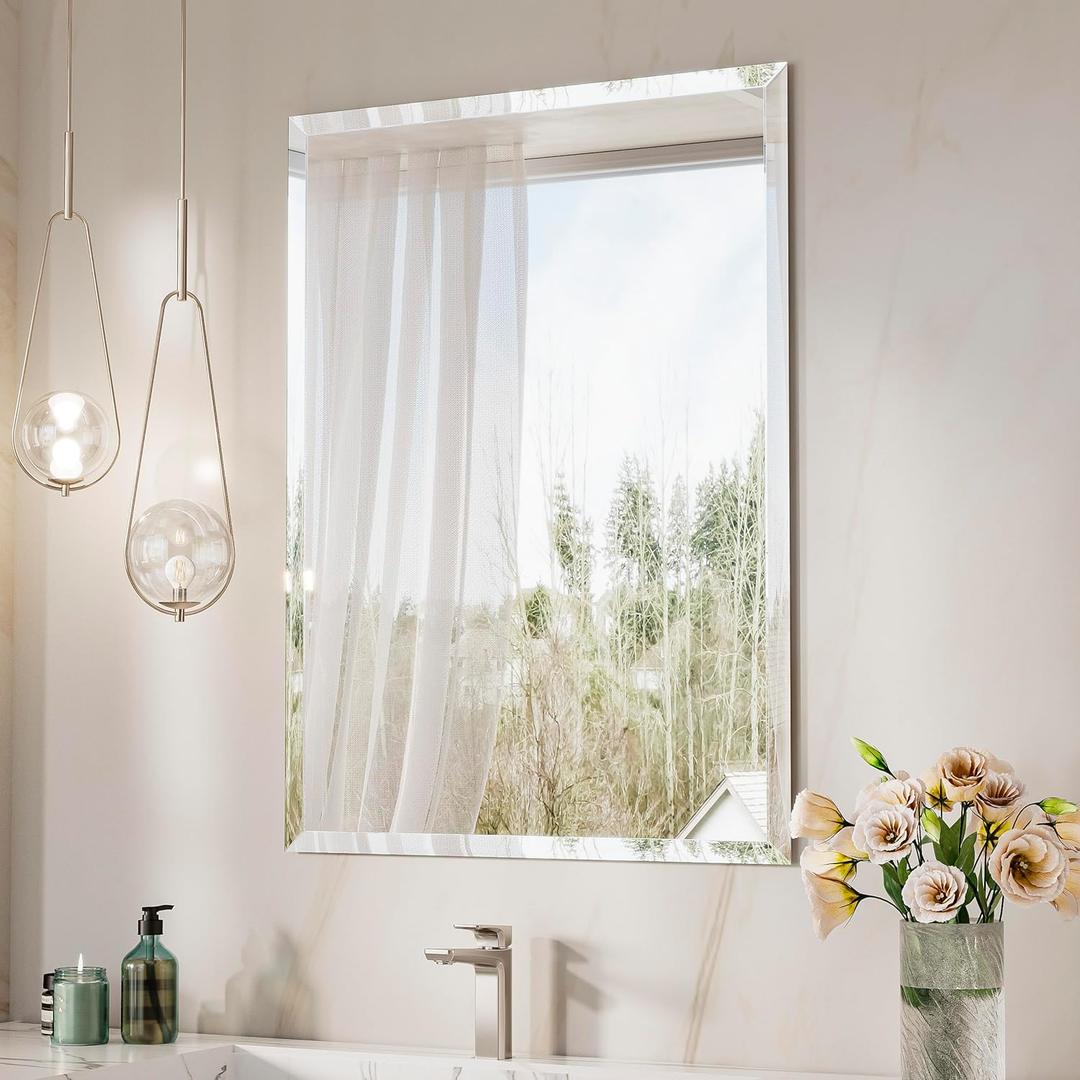Keonjinn 24 x 36 Inch Frameless Bathroom Mirror, Beveled Mirrors for Bathroom Sink, Rectangle Wall Mirror Shatterproof, Modern Decorative for Living Room, Entryway, Bedroom, Horizontal/Vertical