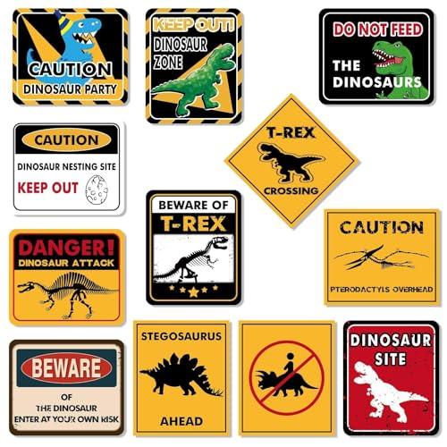 WERNNSAI Dinosaur Birthday Decorations - 12 PCS Dinosaur Party Supplies for Boys Kids Dino Birthday Funny Sign Decor for Jurassic Theme Baby Shower Holiday Party Favors Caution T-Rex Sign Wall Decor