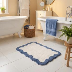 GRANNY SAYS Waved Deep Blue Bathroom Rugs, 24" x 16", Non-Slip Bath Mats for Bathroom, Plush Shag Absorbent Microfiber Ultra Soft Scalloped Bath Mat, Cute Washable Rug for Tub, Shower, Bedroom