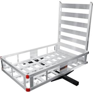 50 x 29.5 x 9 in Hitch Cargo Carrier, 800lb Capacity Trailer Hitch Mount Aluminum Cargo Basket with Folding Ramp, Luggage Carrier Rack Fits 2" Hitch Receiver for SUV Truck Pickup Camping (silver)