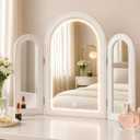 Trifold Vanity Mirror with LED Lights 30"Hx37"W, 3 Way Large Makeup Mirror for Tabletop or Wall Mount, Arched Decorative Cosmetic Mirror, Countertop Mirror, Smart Touch, 3 Colors Dimmable, Wood Frame