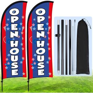 Buryeah 2 Pack Open House Flags Signs for Real Estate Agents Feather Flag Opening Signs Banner Set with Flagpole Ground Stake Portable Bag for Real Estate Business(Blue Red,7x5.4 ft)