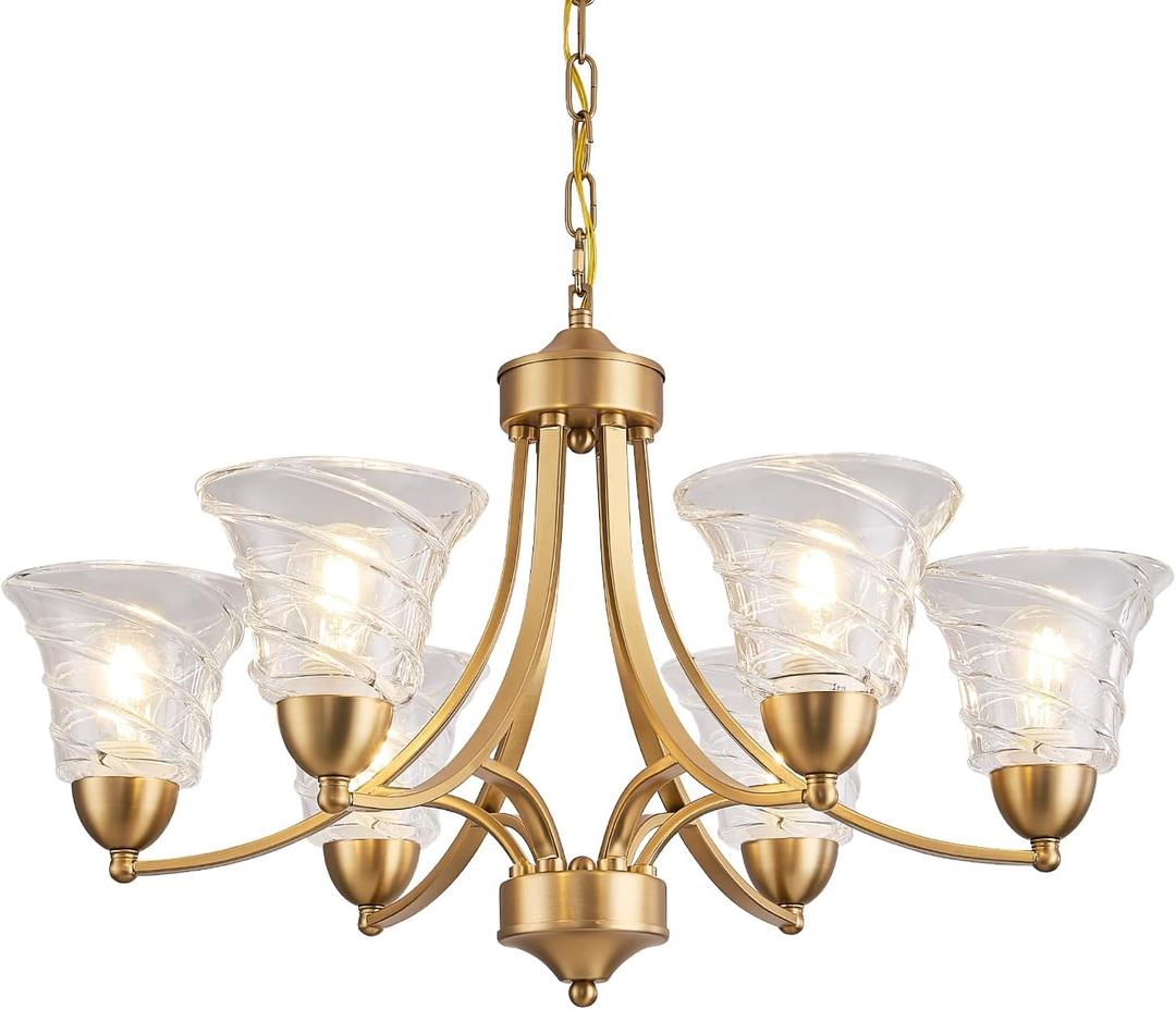 Farmhouse 6 Light Gold Chandeliers for Dining Room Light Over Table, Entryway Pendant Light for Foyer, Vintage Chandelier Ceiling Lights with Glass Shade for Kitchen Island Hallway, Adjustable Height