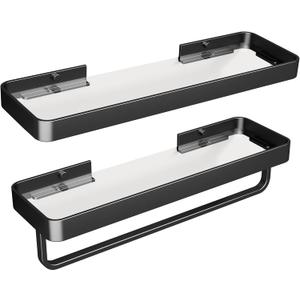 Danpoo 16-Inch Black Floating Bathroom Shelves with Towel Bar Clear Tempered Glass Wall Shelf 2-Pack  Versatile Bathroom Organizer Set