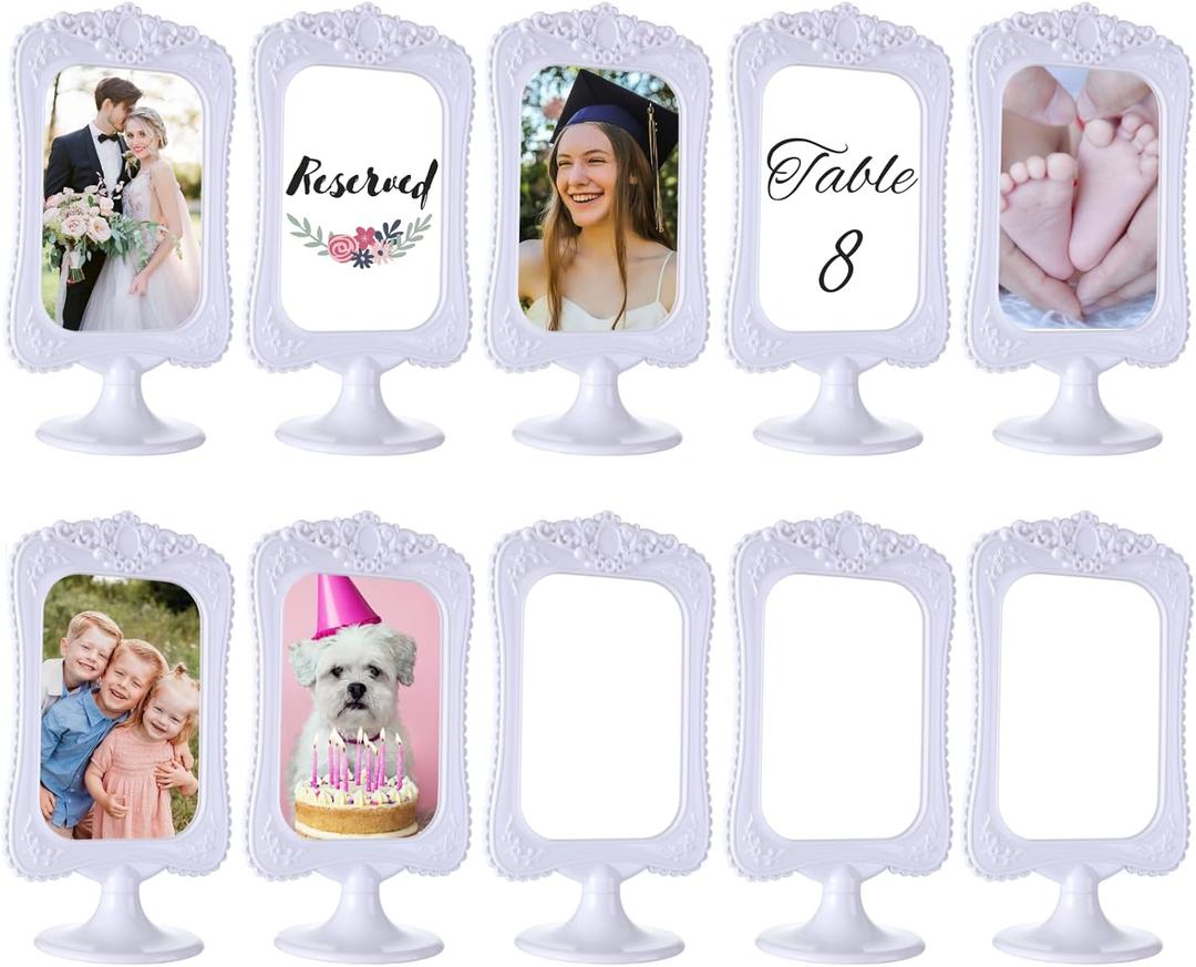 10 Pack Double Sided Standing Picture Frame 4x6 Plastic Photo Frame Bulk White Picture Display Holder Stand for Table Number, Menu, Wedding, Christmas - Floral Border, White