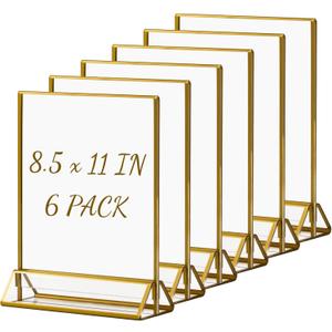 Boxalls Acrylic Sign Holders Letter Size Gold, 6 Pack 8.5x11 in Table Number Wedding Picture Holder, Vertical Photo Stand Double Sided, Menu Recipe Restaurant Reserved Display Bulk Frames