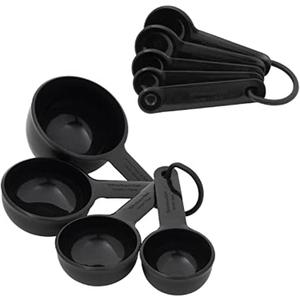Universal Easy To Read Measuring Cup and Spoon Set with Soft Grip Handle for Maximum Control, Hang Hole and Nesting For Easy Storage, Dishwasher Safe, 9 Piece, Black