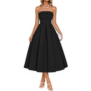 ZESICA Women's Summer Strapless Cocktail Dresses 2026 Elegant Off Shoulder Flowy A Line Wedding Guest Party Midi Dress (Black, XL)