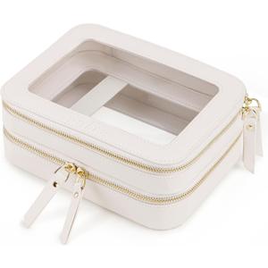 Prite Double Layer Makeup Bag for Women Portable Clear Makeup Bag Cute Waterproof Travel Cosmetic Bag with Gold Zipper for Car Essentials(Beige)