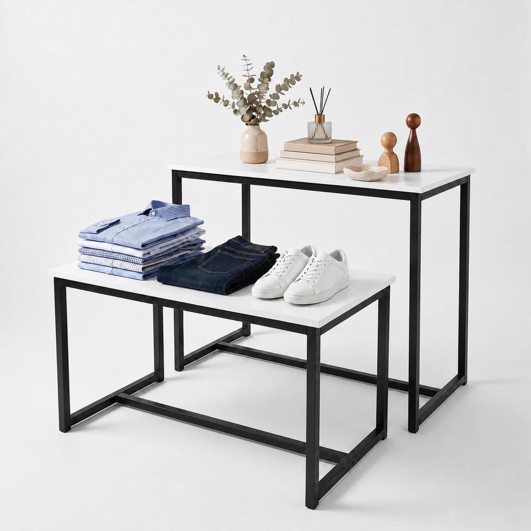 CIVANA Set of 2 Nesting Retail Display Tables, Rectangular Black Iron and White Wood Design with Protective Feet, for Boutique Merchandise, Weddings, and Craft Shows