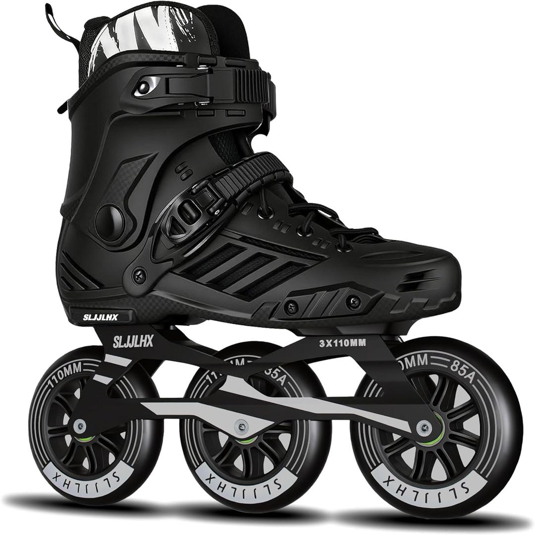 3 Wheels Inline Skates for Men Women, Professional Roller Skates Blades for Male Female,High Performance Fitness Adult Speed Skates with 110MM Wheels, Washable Liner(Black), MEN9.5/WOMEN10.5