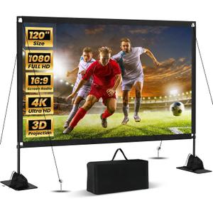 120inch Outdoor Projector Screen with Stand: 16:9 4K HD Portable Projector Screen Outdoor Indoor - Front/Rear Movie Screen with Carry Bag, Sandbag - Projection Screen for Backyard, Camping, Theater