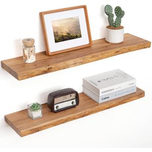Floating Shelves for Wall Decor, Rustic Solid Elm Wood Live Edge Floating Shelves Wall Mounted, Wall Shelves with Invisible Bracket for Living Room Bathroom Bedroom Kitchen, 32 Inch Set of 2, Natural, Live Edge, 32inch, 2Packs