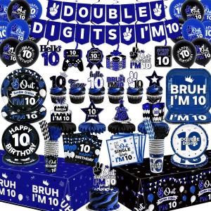 10th Birthday Decorations for Boys, 10 Year Old Birthday Decorations Blue Black Tableware Set include Double Digits Birthday Plates and Napkins Tablecloths Banner Cake Toppers for Party Decor Serve 26