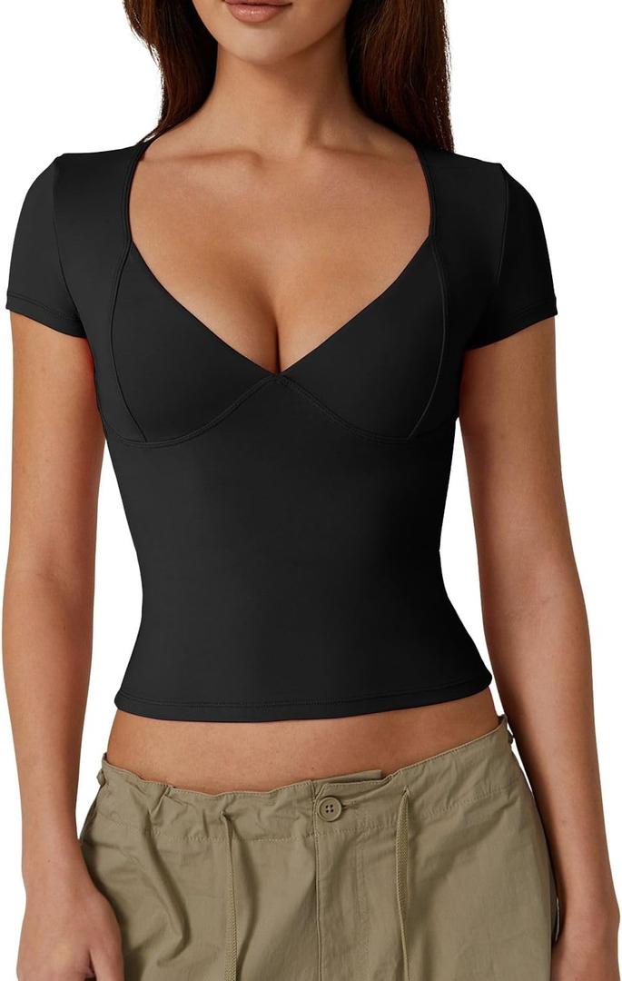 QINSEN Women's V Neck Short Sleeve T Shirts Double Lined Tee Seamed Cup Going Out Tops (Large, Black)