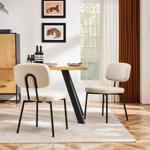 Sweetcrispy Dining Chairs Set of 2, Upholstered Mid Century Modern Kitchen Accent Chairs with Faux Leather Cushion Seat & Metal Legs for Home Office, Living Room-Beige White
