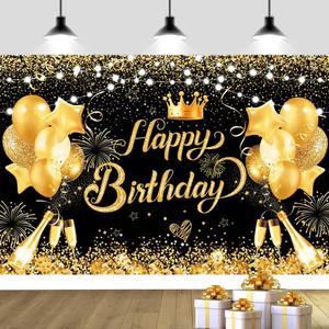 YinQin 180x120 cm Glitter Black Golden Happy Birthday Backdrops Photography Backgrounds Cloth 71x47 inch Bday Party Decorations Black Gold Happy Birthday Sign Banners for Men Women