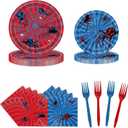 96PCS Spider Party Supplies for 24 Guests, Red & Blue Spider Web Paper Plates, Napkins and Forks, Disposable Birthday Tableware for Spider Theme, Halloween Party Decorations (Blue & Red)