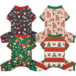 4-Pack Christmas Dog Pajamas Xmas Pet Clothes Warm Fleece Puppy Cat Jammies Christmas Dog Onesie Outfit Pet Four Leg Shirt Jumpsuit Costume for Small Dogs XS