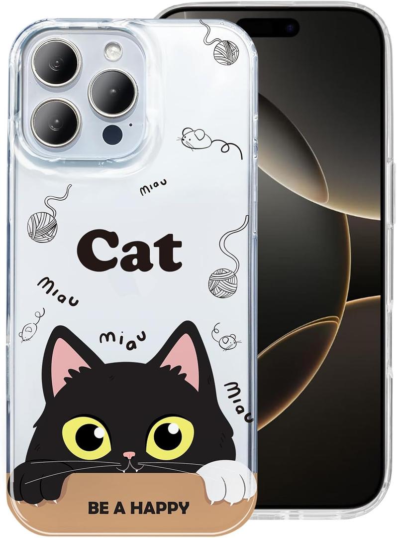 Compatible with iPhone 16 Pro Max 6.9 Case Cute-Black Cat Shockproof Funny Clear Phone Cover for Girls Cat Lovers