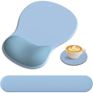 Mouse Pad and Keyboard Wrist Rest, 3-in-1 Memory Foam Ergonomic Wrist Rest for Computer Keyboard, Mousepad Set with Non-Slip PU Base for Pain Relief, Gaming, Home, Office (Air Blue)